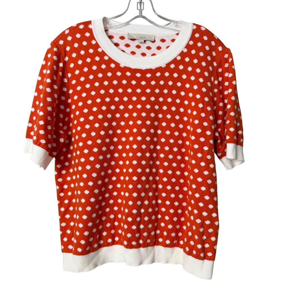 Loft Polka Dot Sweater Womens Large Orange White Short Sleeve Knit Top Fall Prep